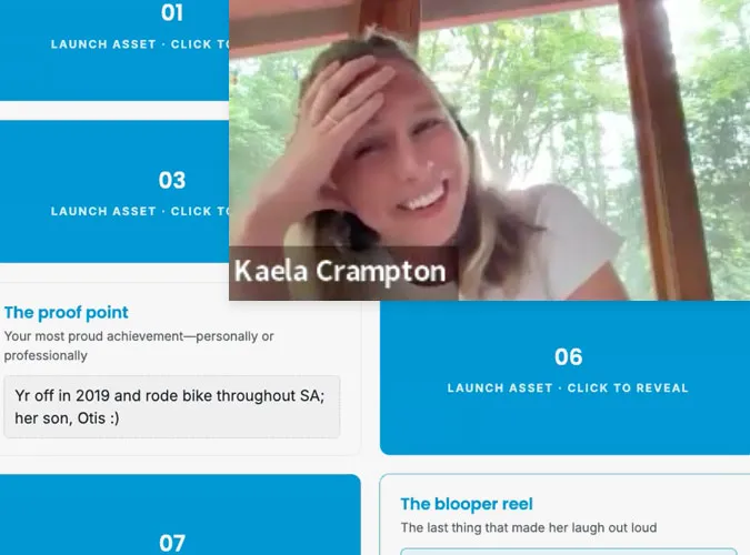 Swiftly employee Kaela Crampton laughing during a video AMA, overlaid on a game board of numbered 'launch asset' tiles.