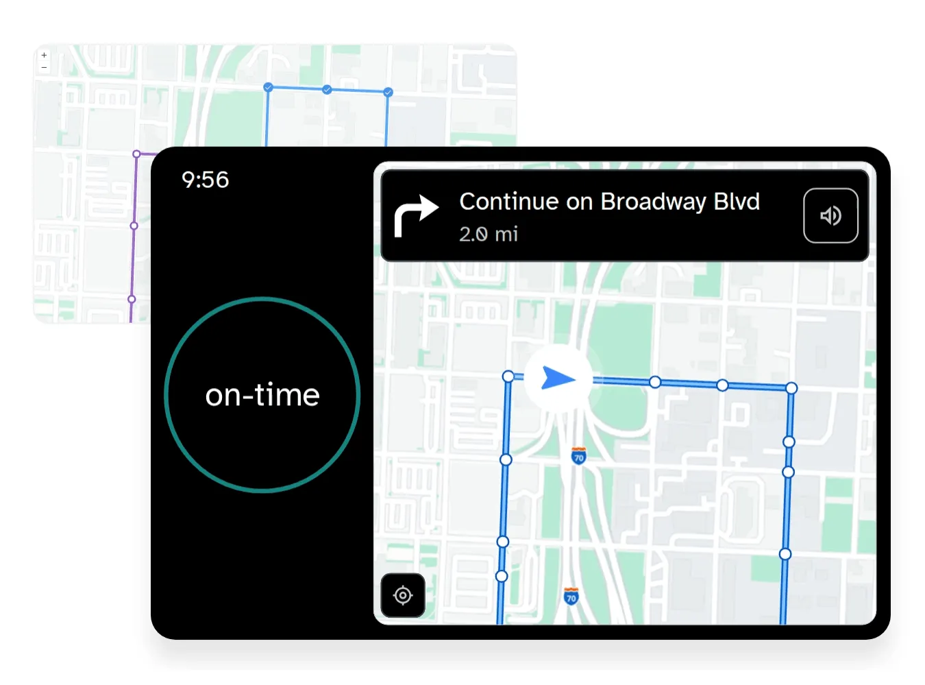 Digital navigation screen showing a route on a map with an instruction to continue on Broadway Blvd in 2.0 miles and current status displayed as on-time at 9:56.