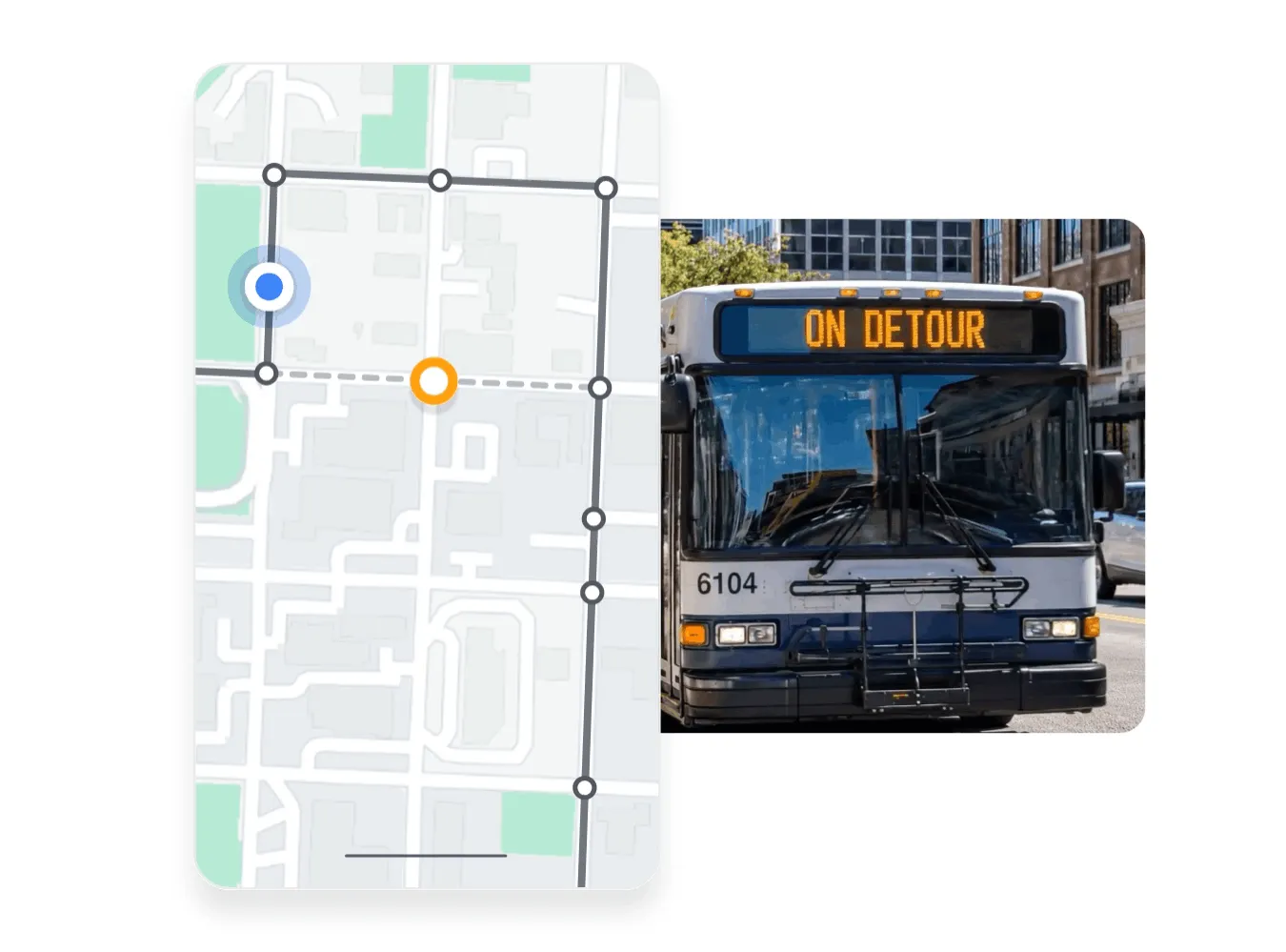 Composite image showing a digital map with a bus route marked by connected dots and two location markers, one blue and one orange, next to a city bus with the front display reading 'ON DETOUR' and the bus number 6104.