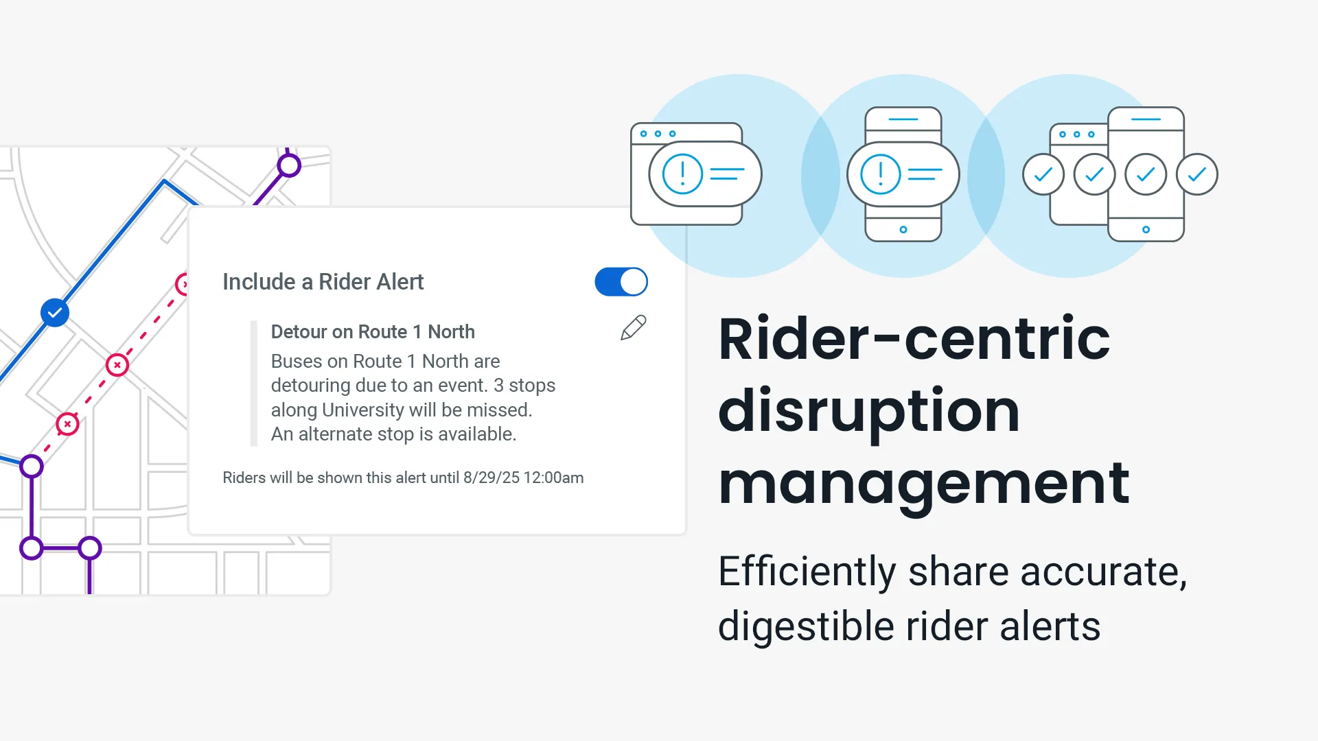 Graphic showing a detour, an automated rider alert, and the sychronization of the alerts for agency staff and transit riders