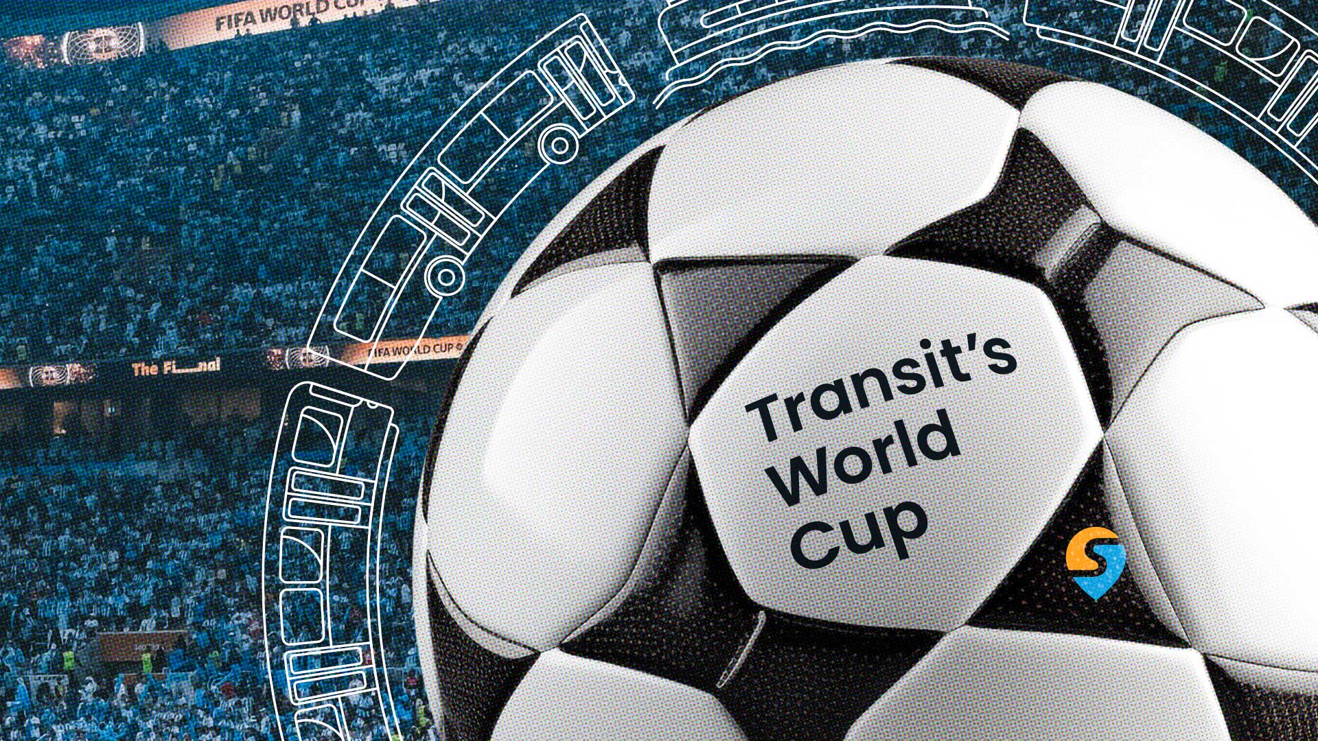 Soccer ball sailing in front of World Cup stadium crowd with transit vehicles orbiting