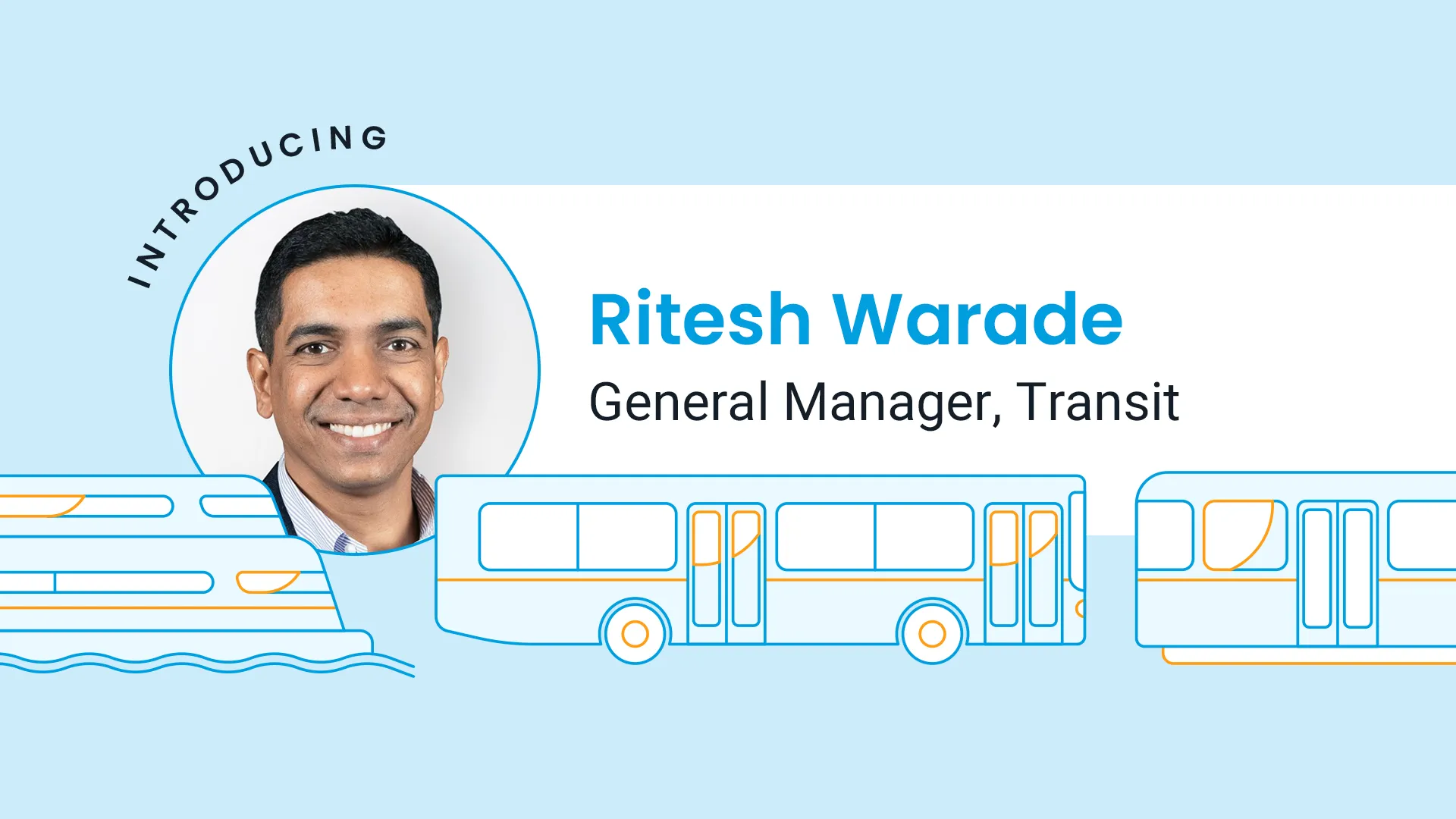 Graphic and photo announcing Ritesh Warade joining Swiftly in General Manager, Transit role