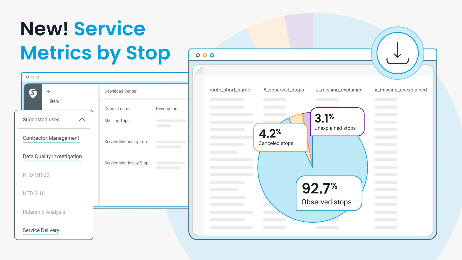 Graphic of Swiftly’s Download Center with Service Metrics by Stop export and service analysis visualization