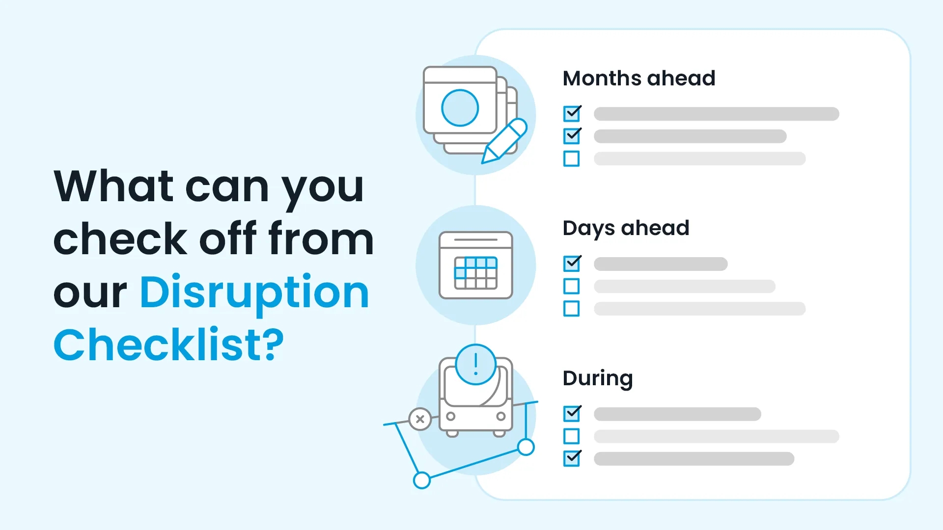 Graphic hinting at Swiftly’s Transit Disruption Checklist—what to do in the months and days ahead of a disruption, and during one