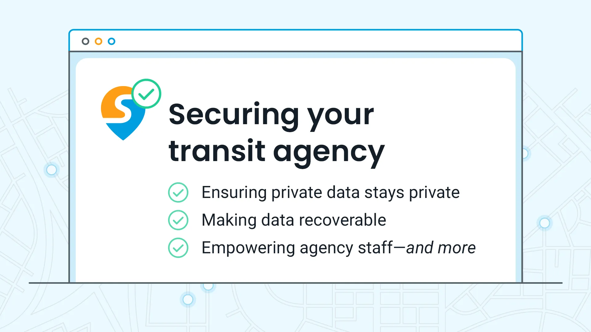 Browser graphic floating above transit infrastructure with an enabled checklist of cybersecurity best practices