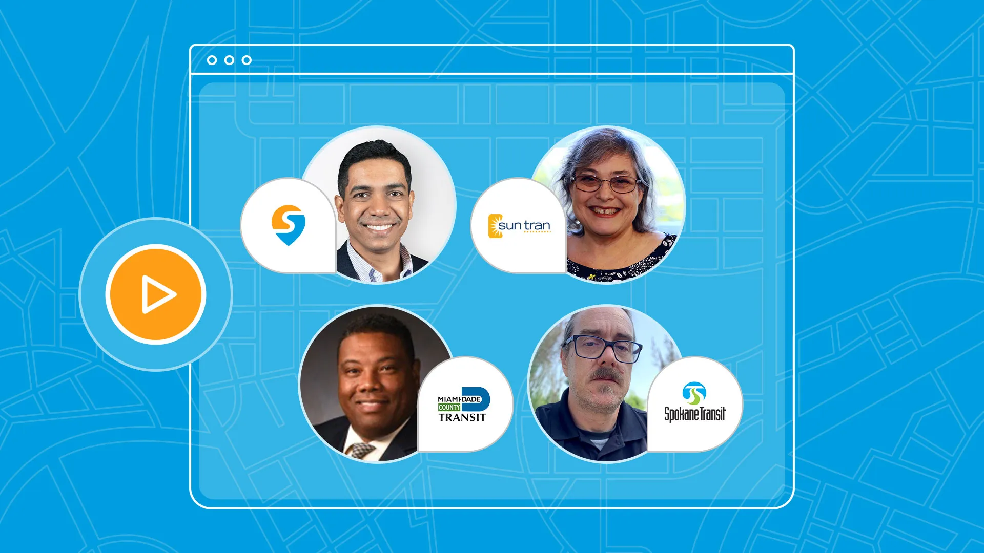 OTP webinar speaker photos representing Swiftly, Miami-Dade Transit, Spokane Transit, and Sun Tran