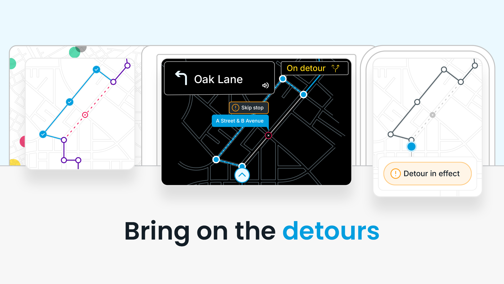 Product UI showing detour drawing, turn-by-turn navigation, and rider alerts in Swiftly's Service Adjustments tool, with the headline “Bring on the detours”