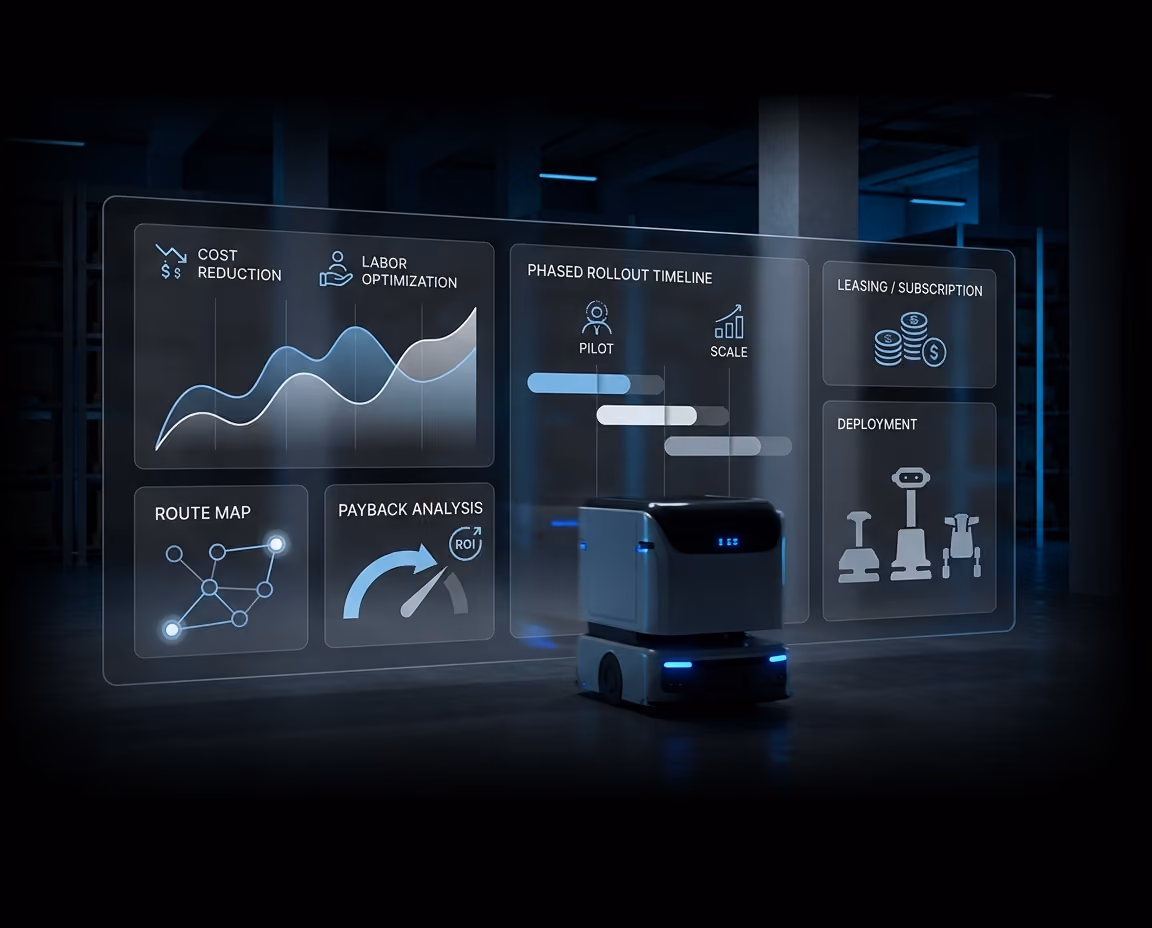 Mobile robot beside a dashboard showing ROI, cost, utilization, and performance metrics.