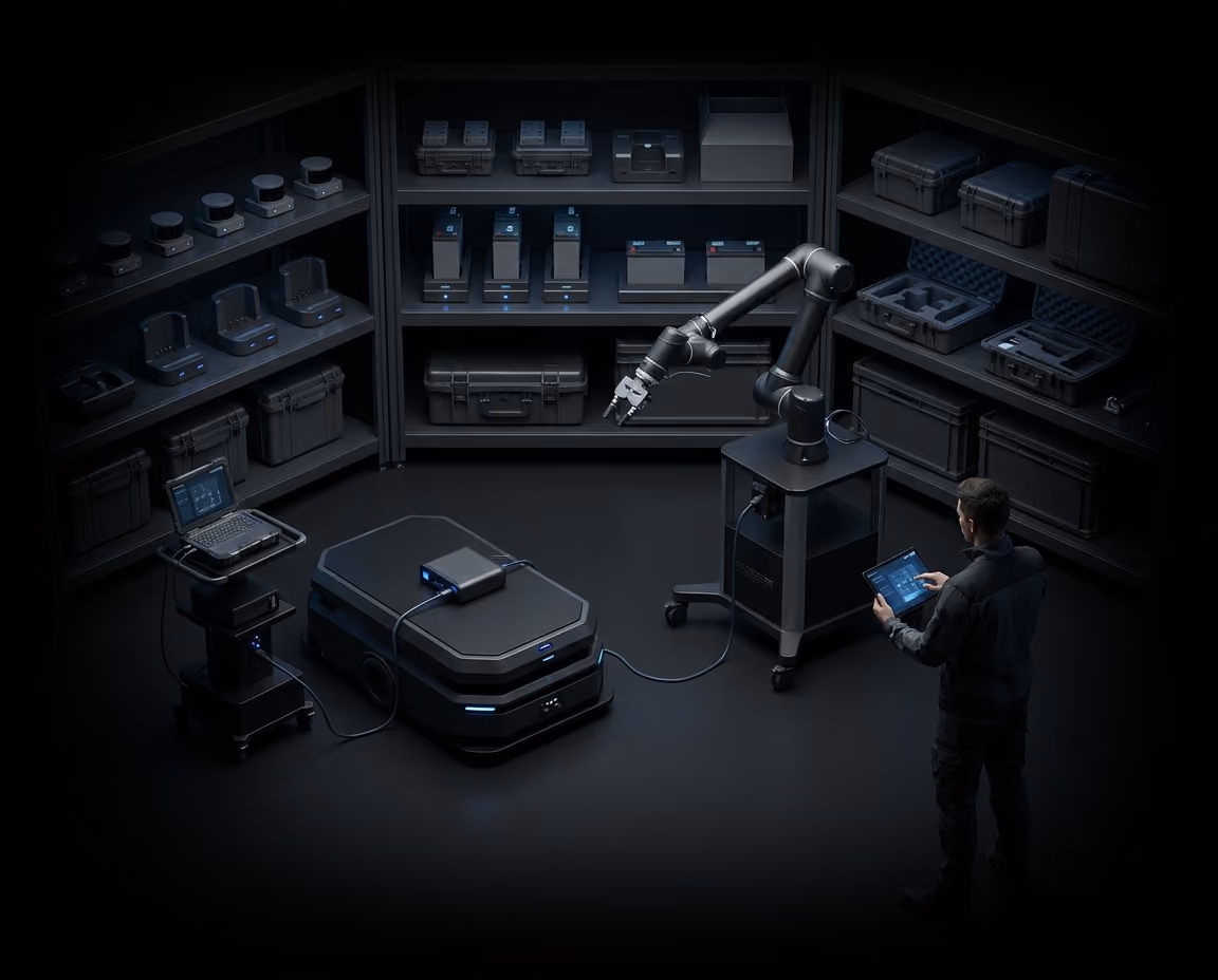 Technician configuring a mobile robot beside integration equipment.