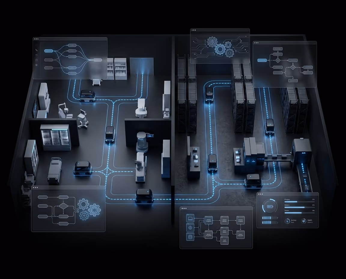 Digital floor plan showing robot routes, workflows, and connected facility systems.
