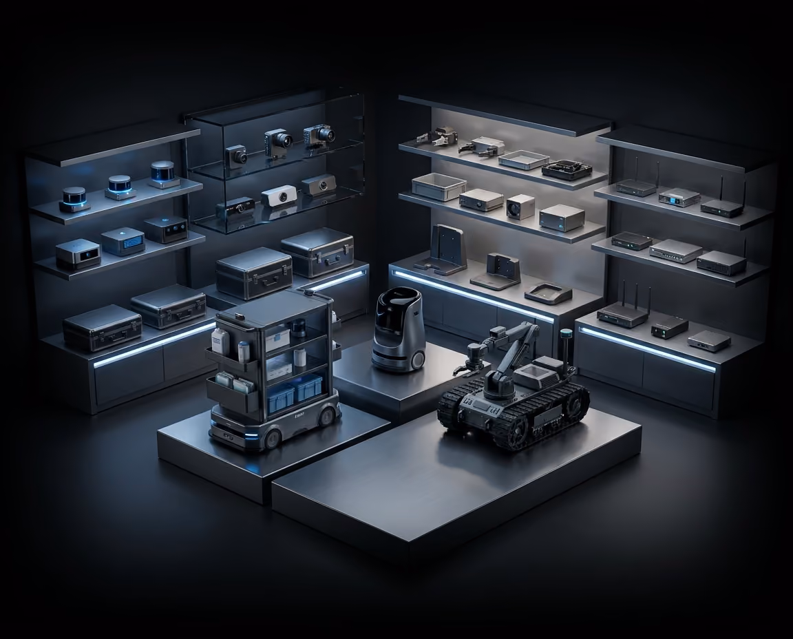 Robot platform showroom with mobile, quadruped, and service robots.