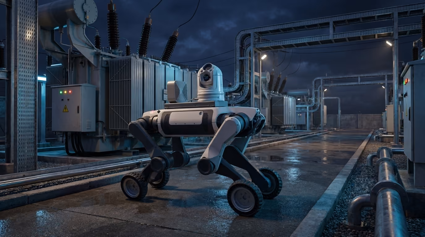 Wheeled quadruped inspection robot navigating an industrial facility.