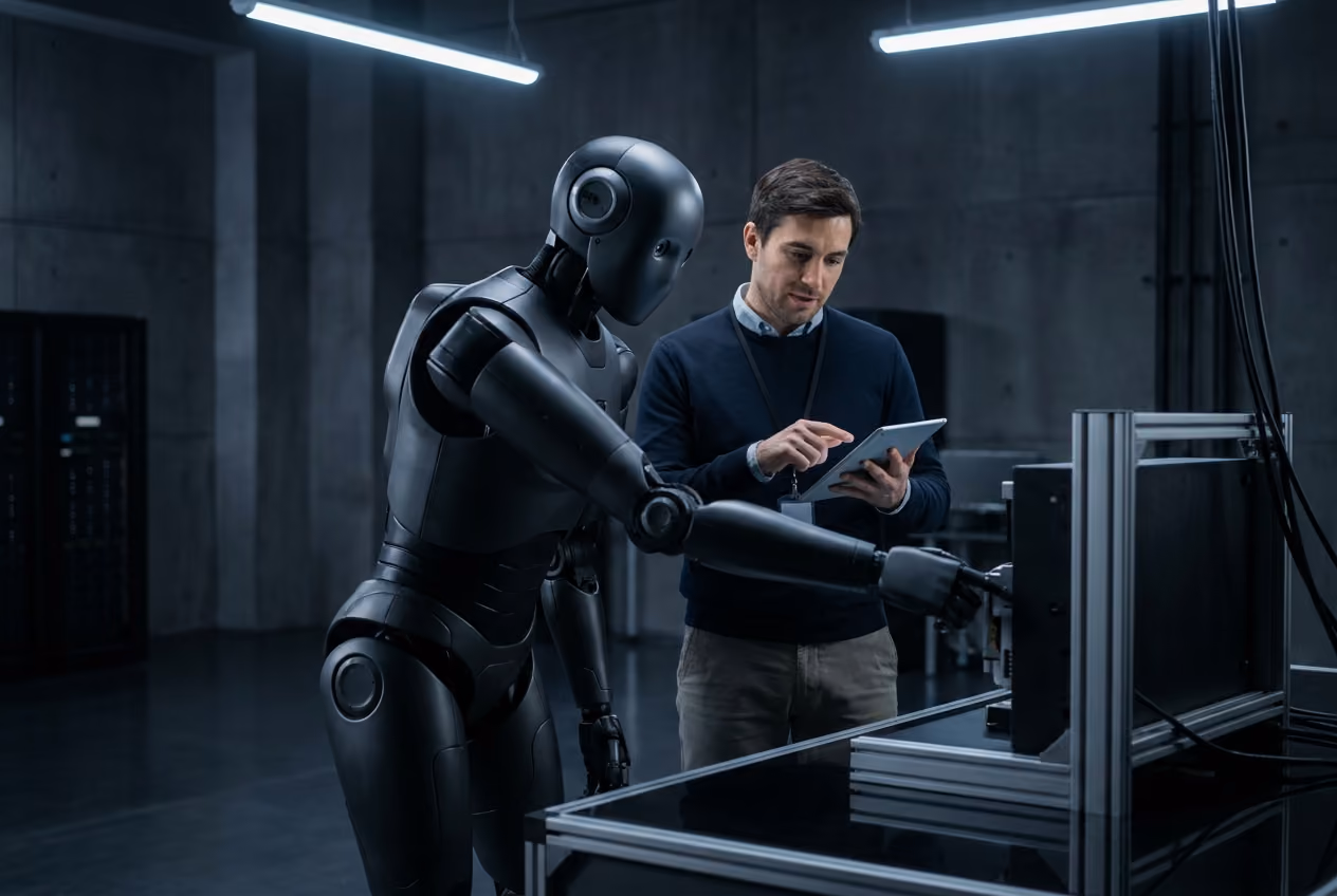 Robotics specialist reviewing deployment data with a humanoid robot.