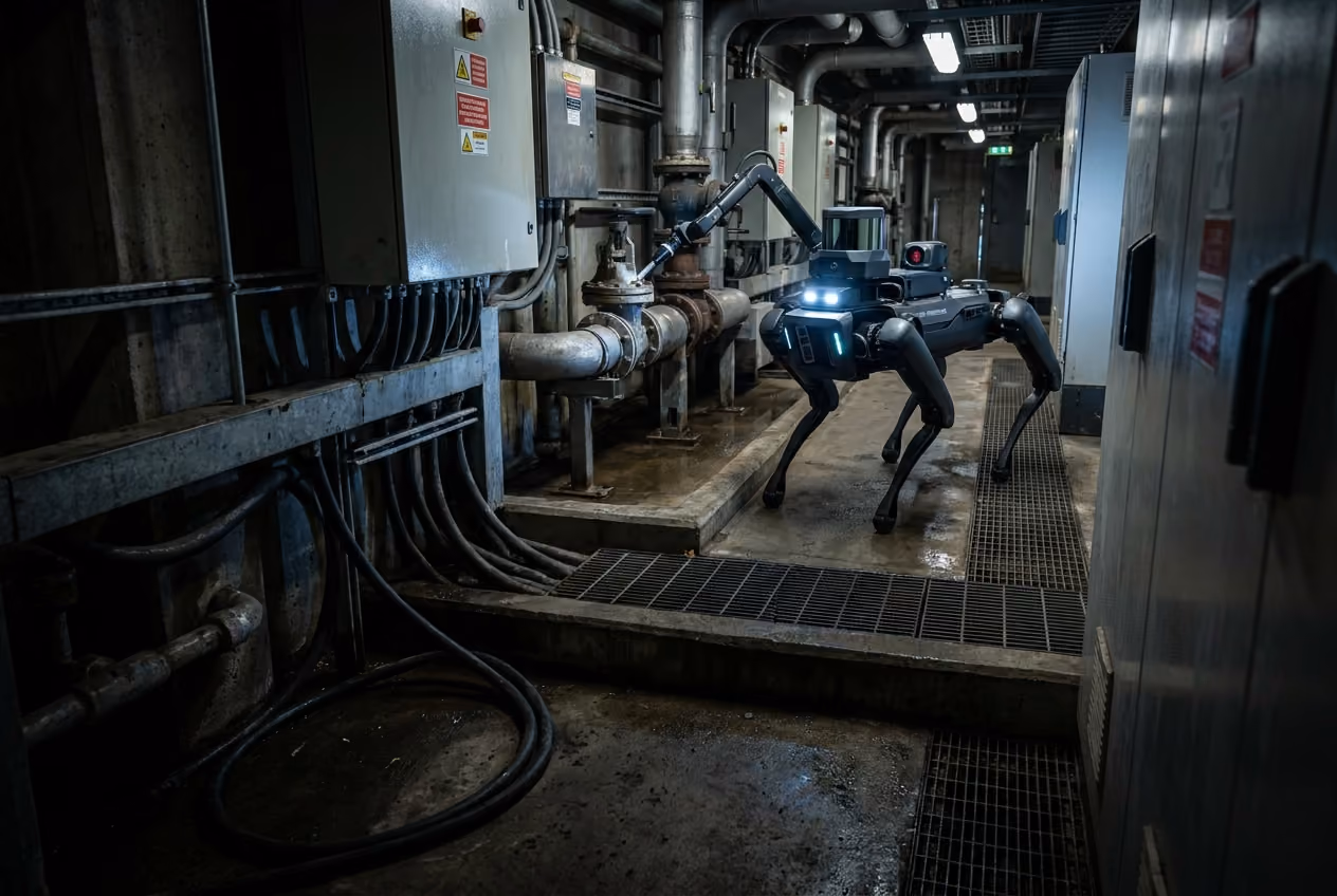 Quadruped inspection robot navigating piping in an industrial plant.