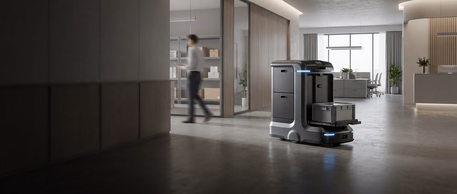Autonomous service robot delivering items through a commercial office.