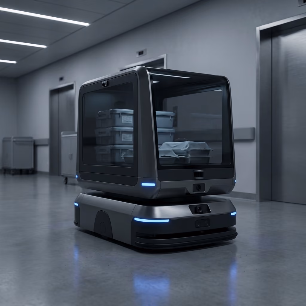 Hospital autonomous mobile robot transporting supplies through a clinical corridor.