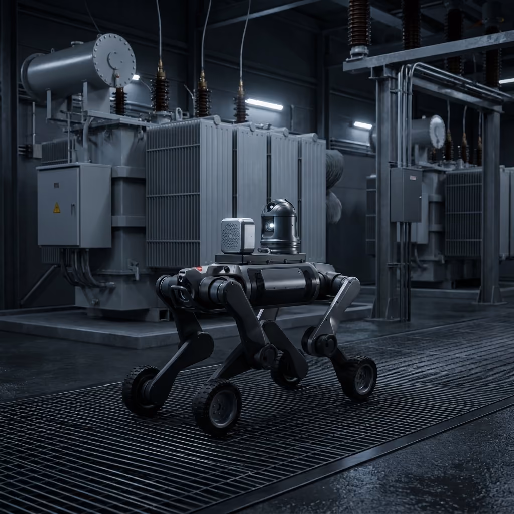 Wheeled quadruped inspection robot patrolling electrical equipment.