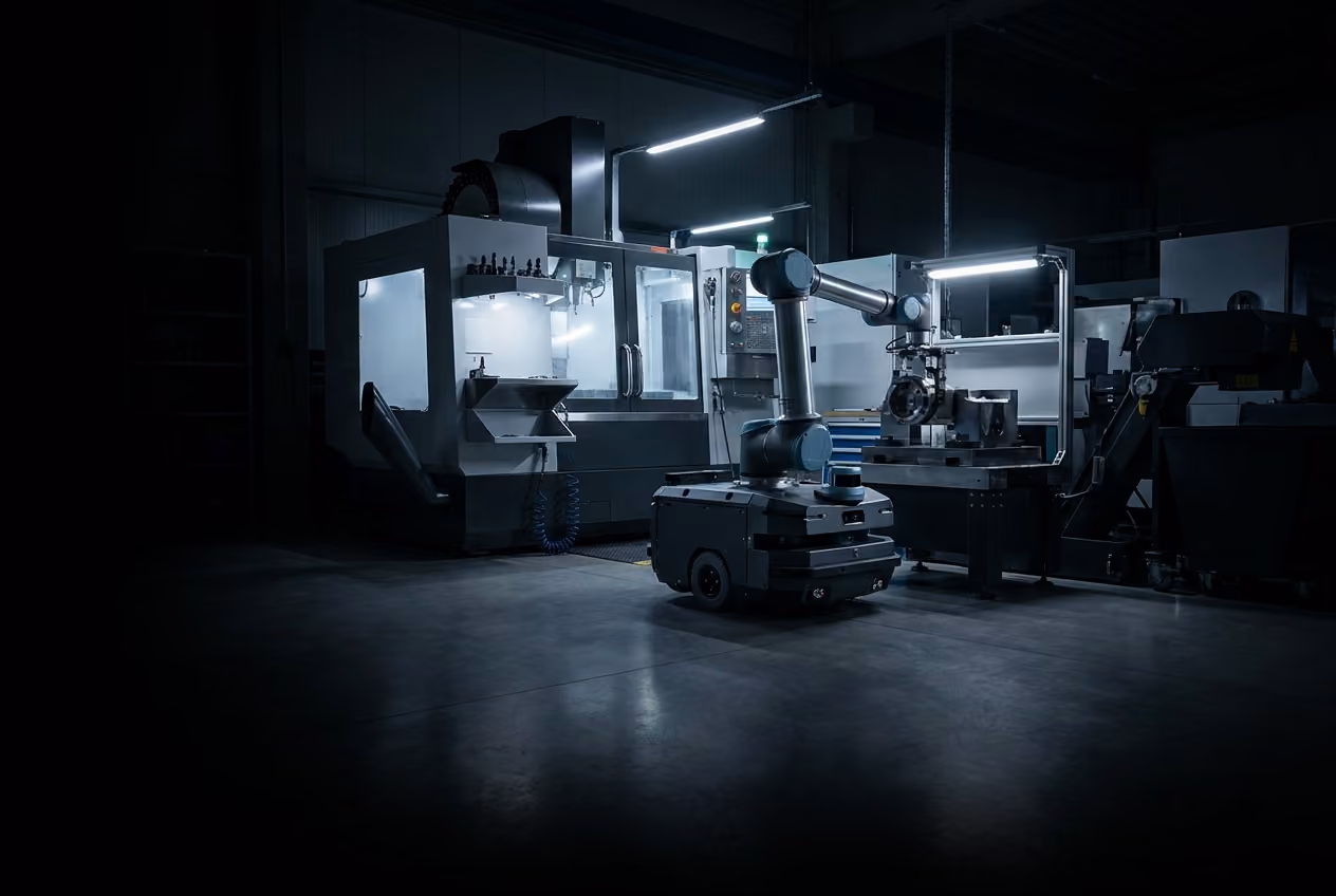 Autonomous mobile manipulator tending equipment on a factory floor.