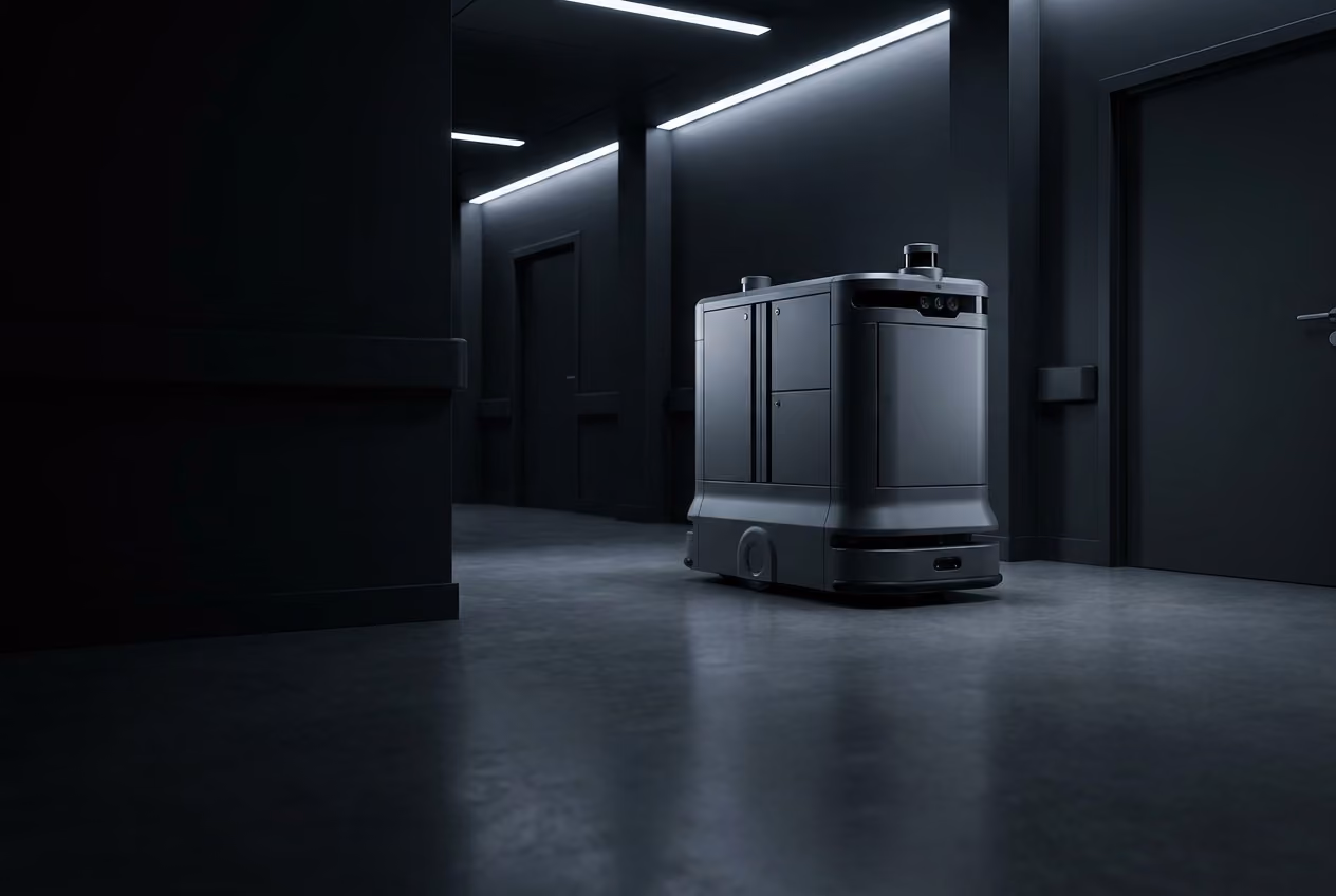 Autonomous hospital delivery robot moving through a clinical corridor.