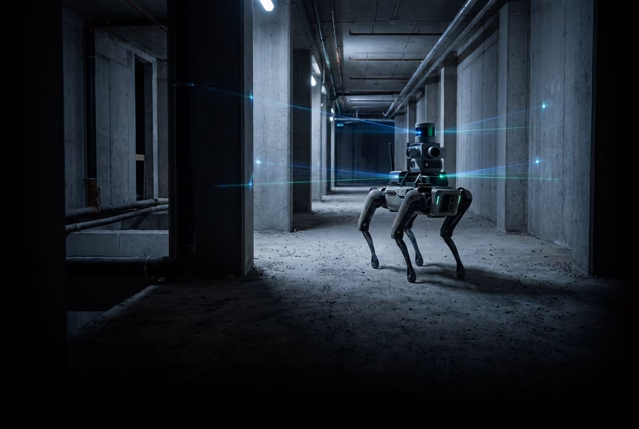 Quadruped robot mapping an unfinished construction corridor with LiDAR.