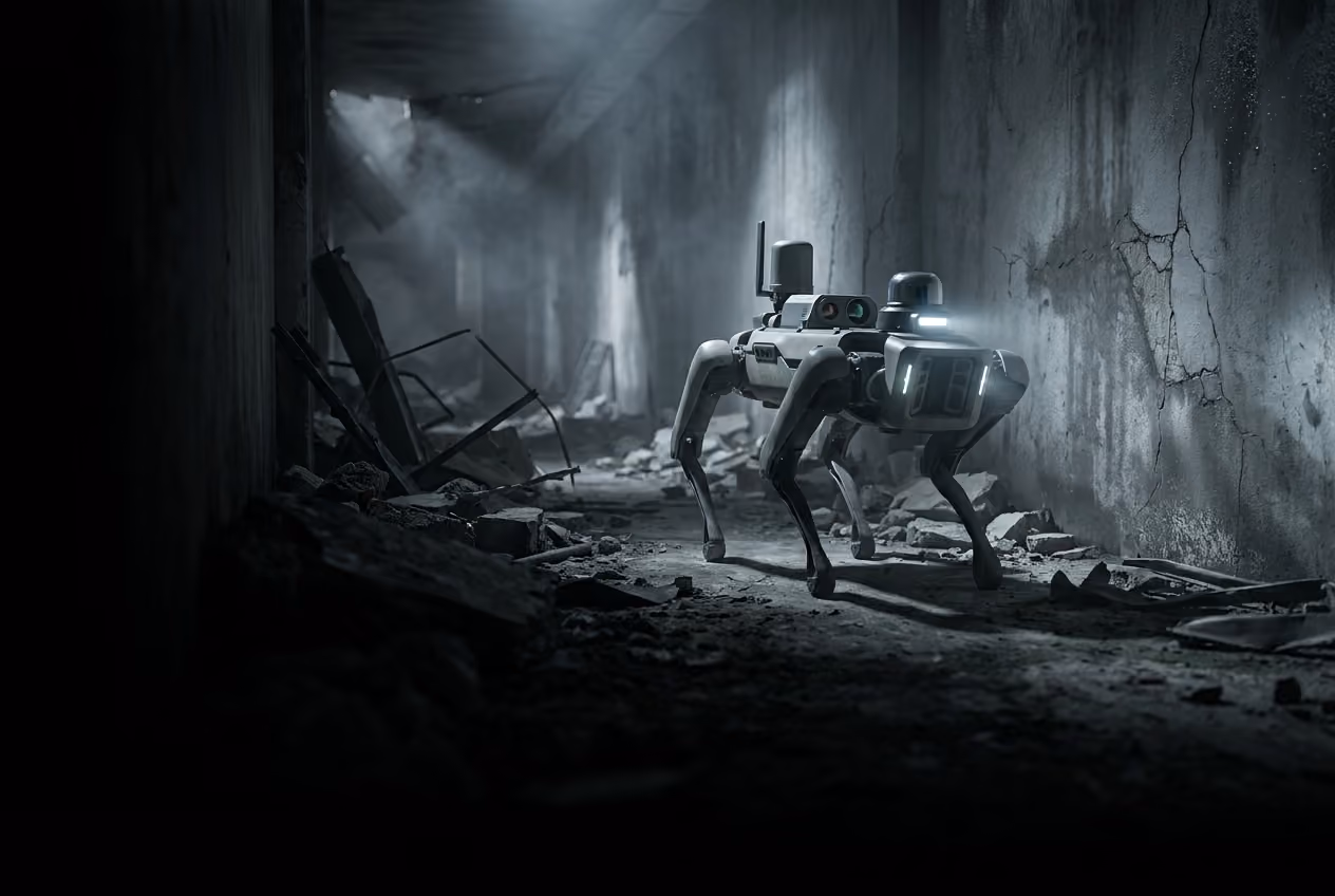 Quadruped emergency-response robot surveying a damaged building.