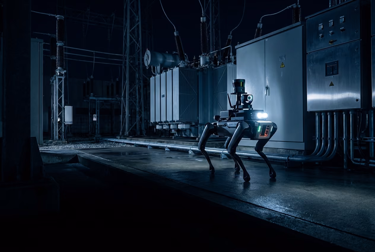 Quadruped inspection robot patrolling electrical equipment at a power substation.
