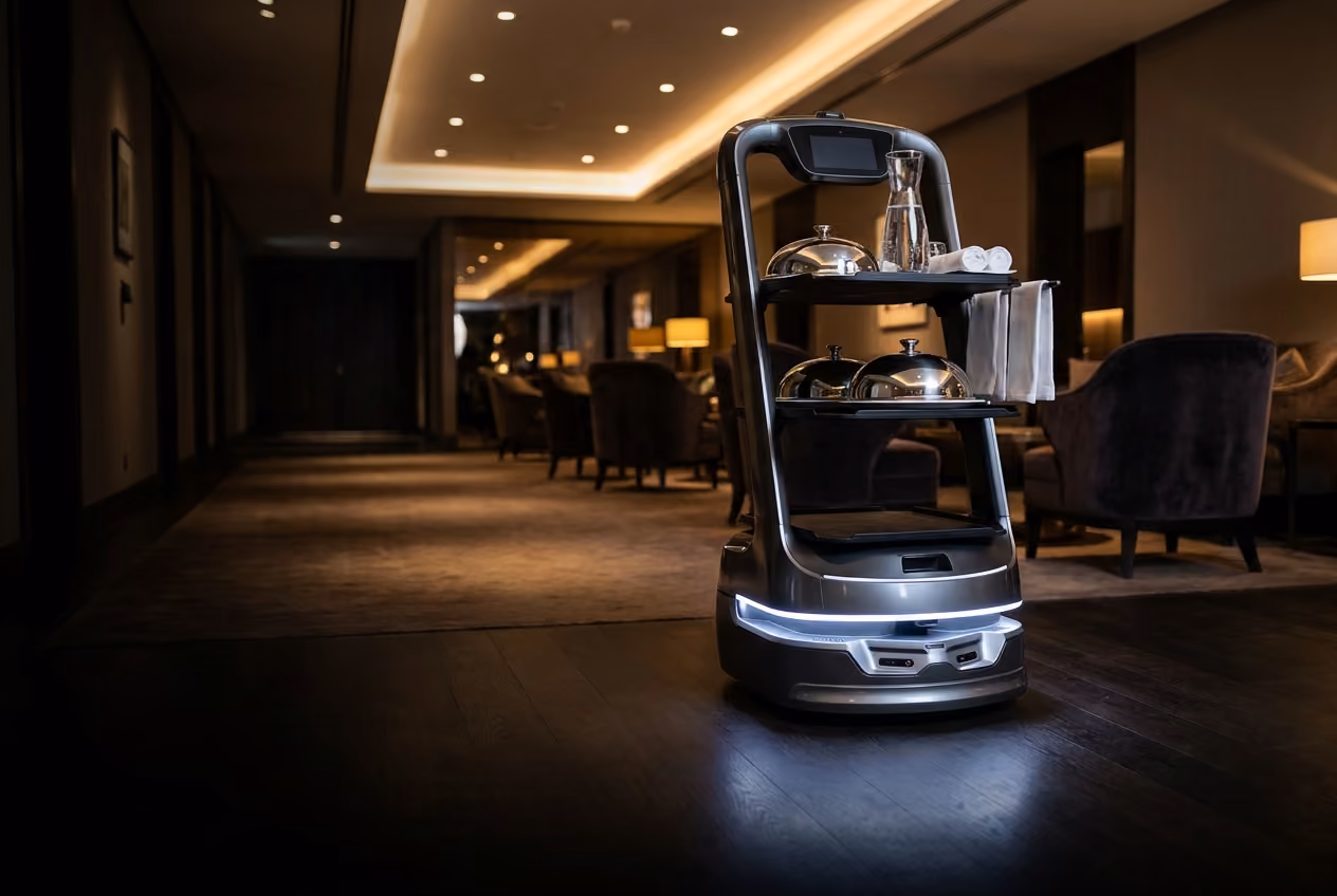 Hotel delivery robot carrying room-service trays through a dining area.