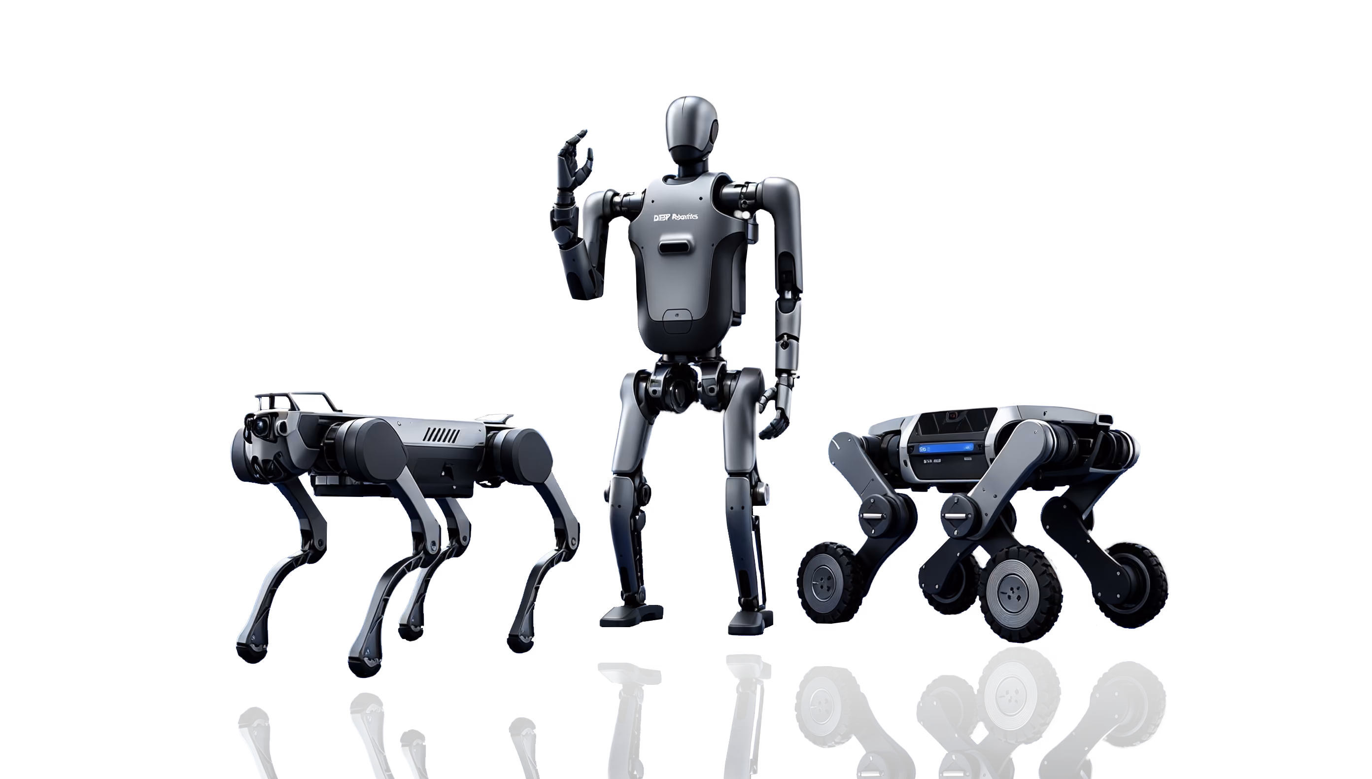 Humanoid, quadruped, and wheeled inspection robots.