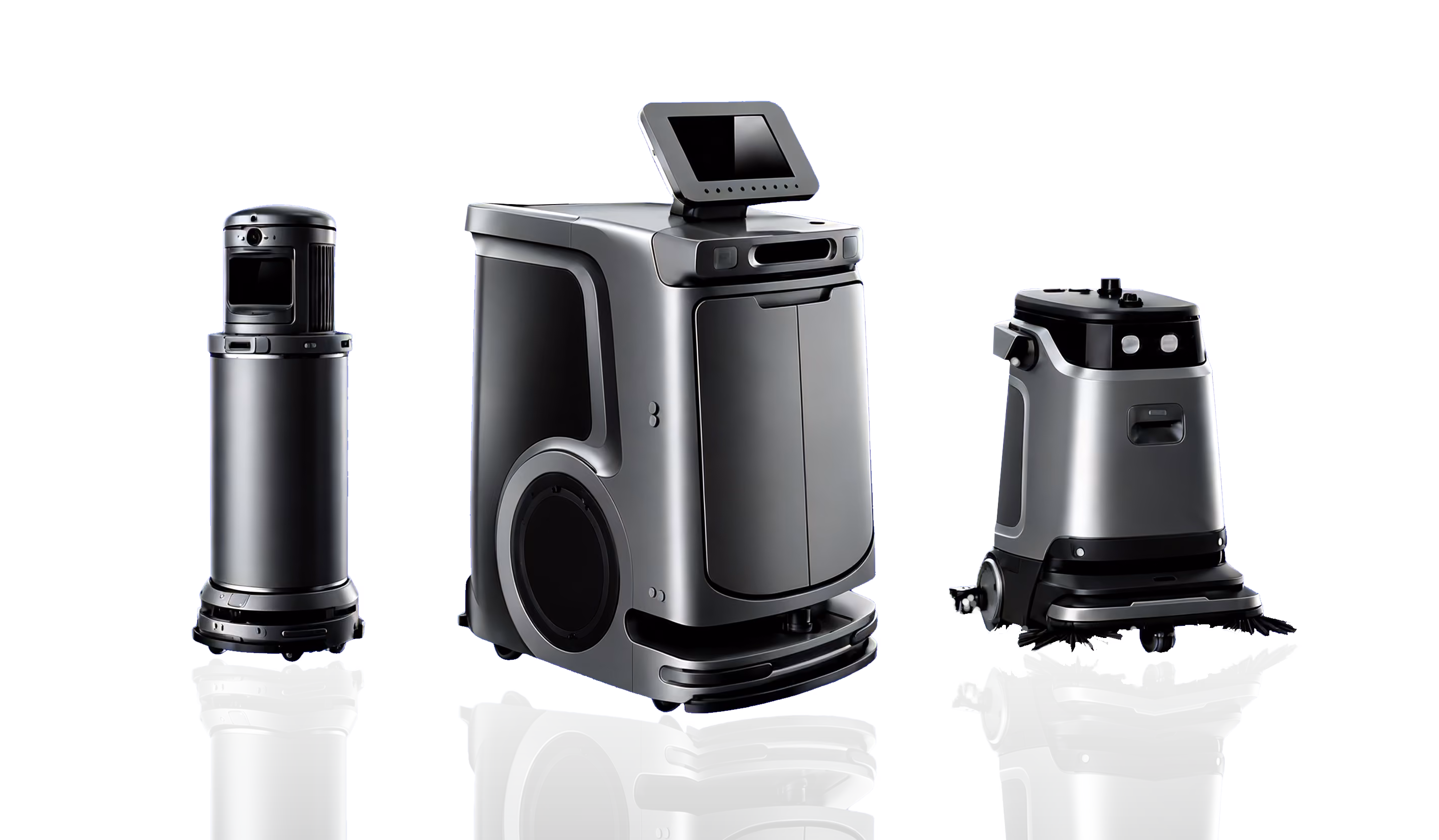 Hospital service robots for delivery, cleaning, and logistics applications.