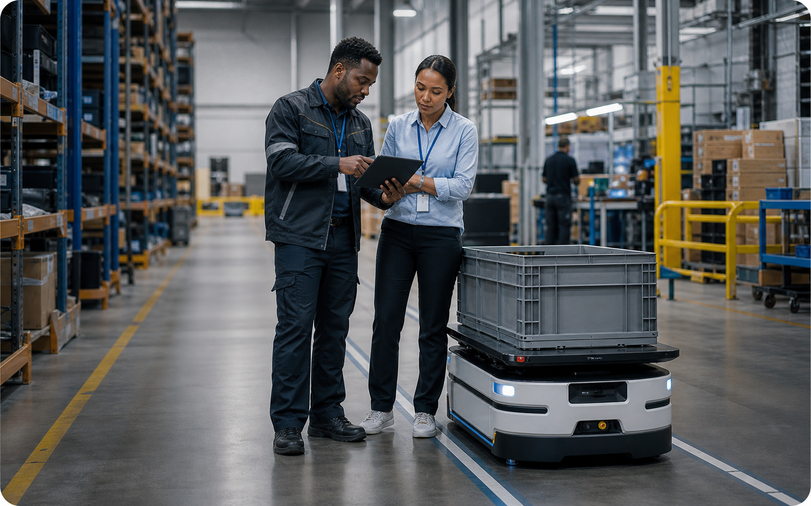 Robotics service operator and customer reviewing an autonomous mobile robot deployment