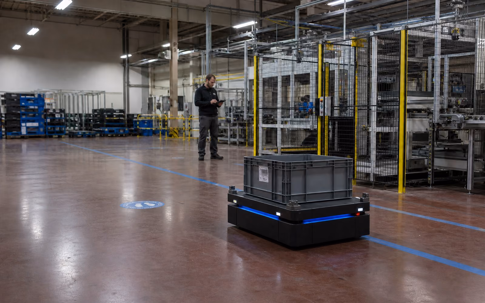 An integrator reviews commissioning data while an AMR carries a secured tote on a fixed top deck in a factory lane.