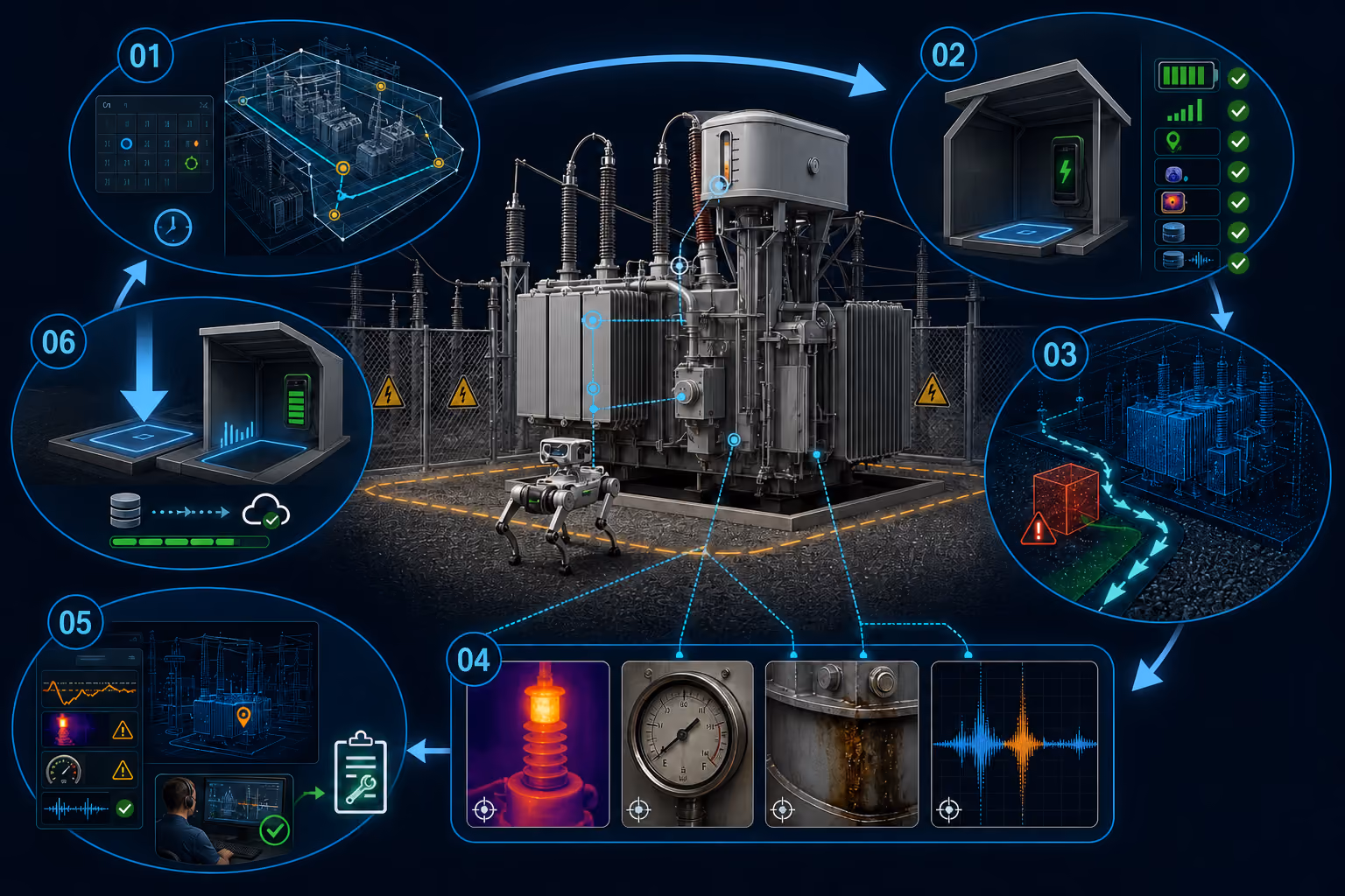 Six-stage industrial inspection workflow showing route planning, robot readiness, autonomous patrol, multimodal data capture, operator review, and charging with data synchronization.