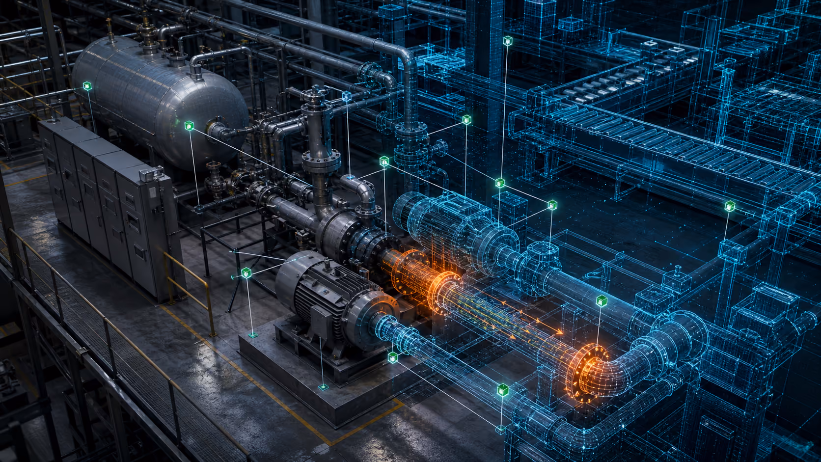 Factory digital twin aligning physical equipment with a cyan engineering model and highlighting abnormal conditions at a pump and pipe joint.