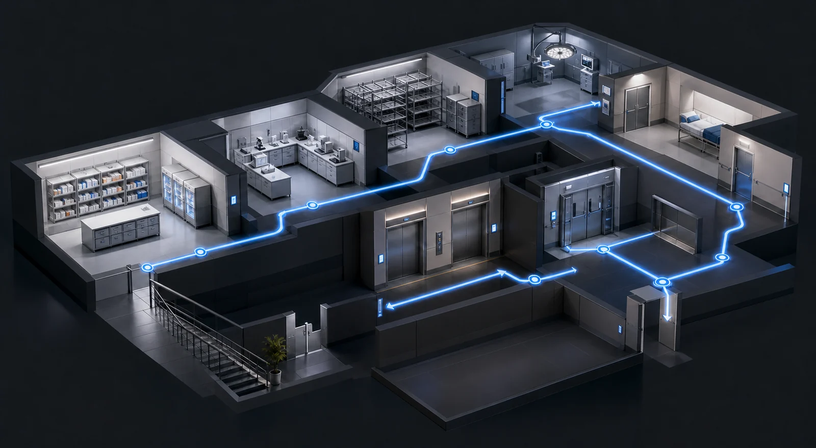 Illustrative multi-level hospital logistics route connecting pharmacy, laboratory, sterile supply, elevator and handoff areas.