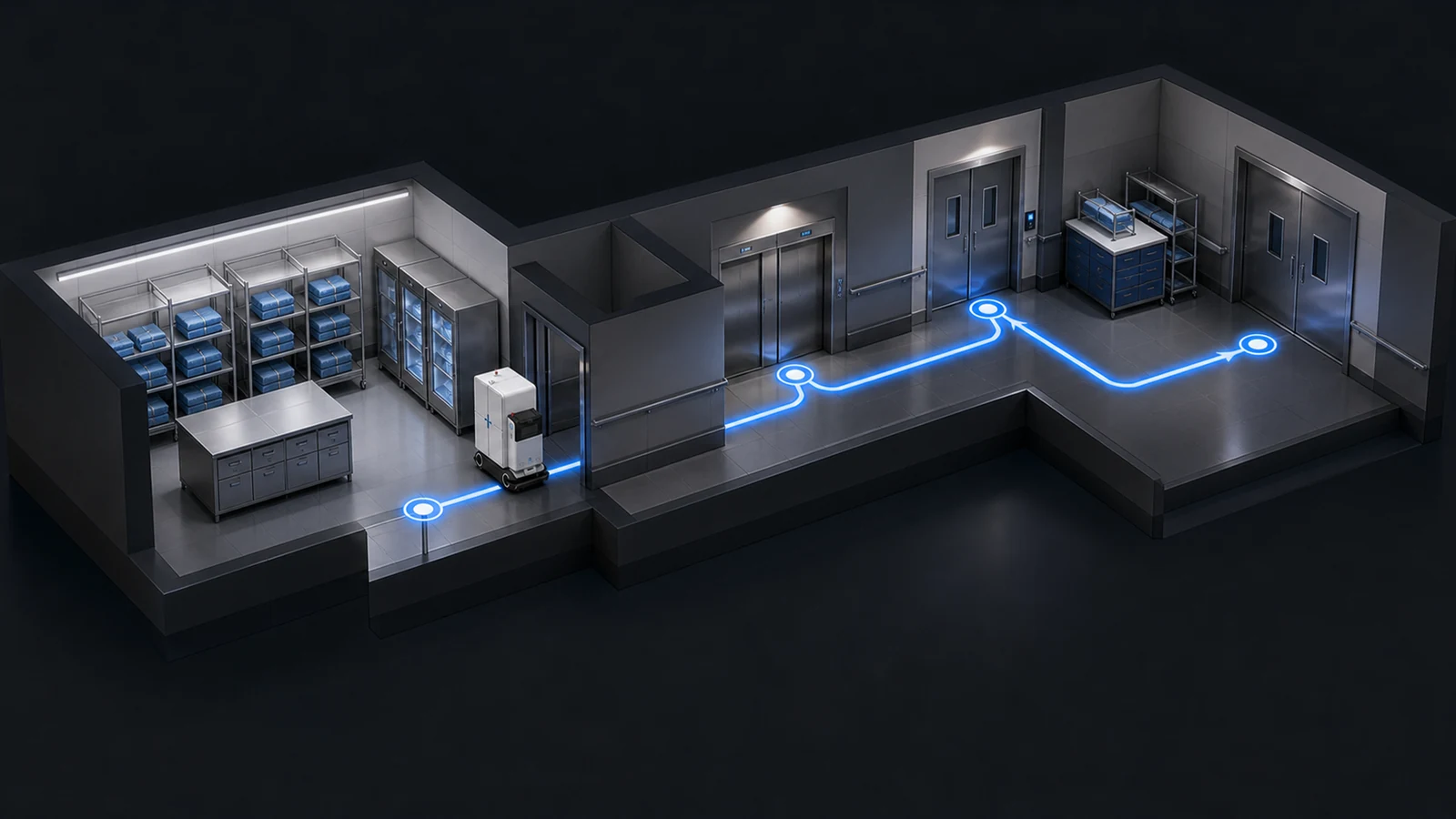 Illustrative hospital AMR route from sterile-supply dispatch through an elevator and controlled door to an operating-room support handoff.