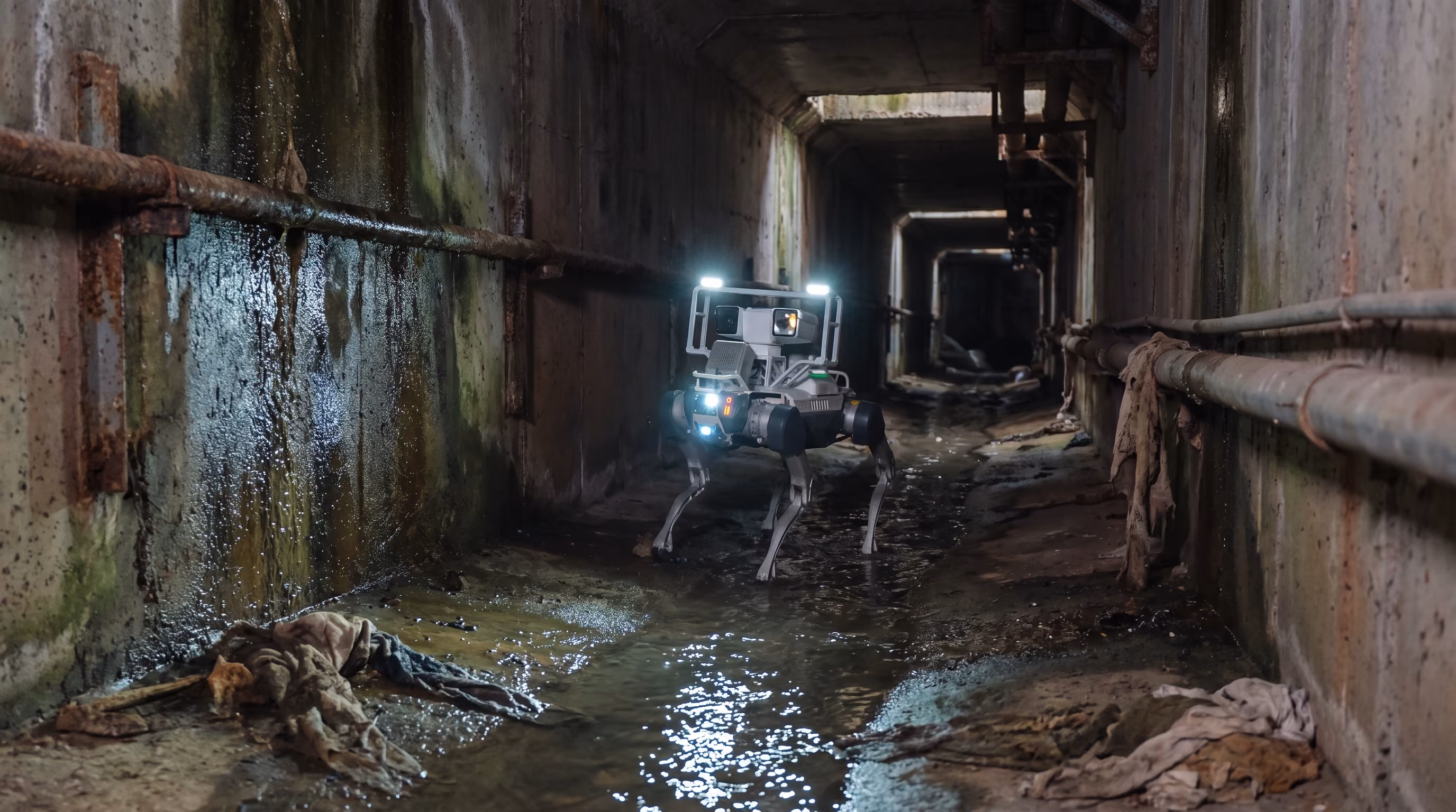 Quadruped inspection robot moving through a wet wastewater service tunnel