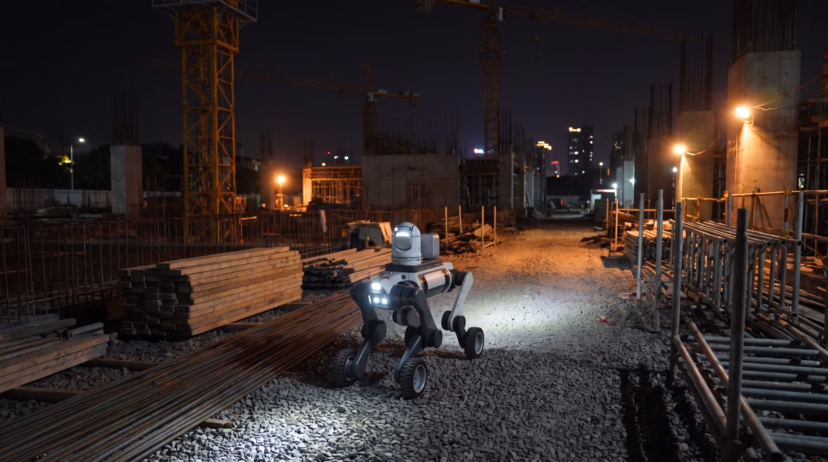 Wheeled quadruped inspection robot documenting a construction site at night
