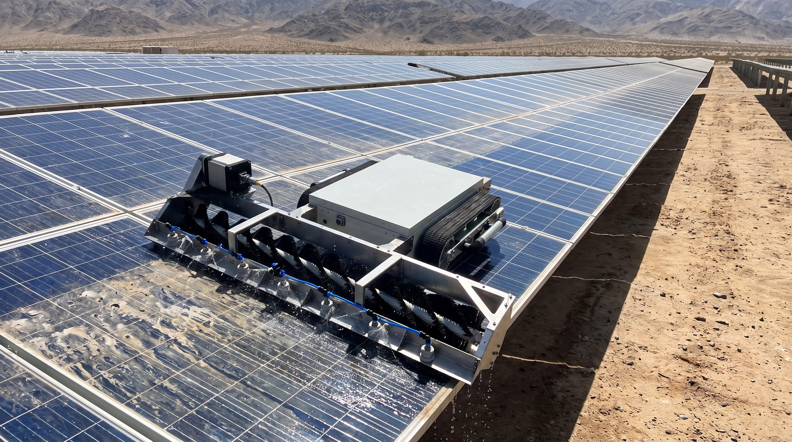 Tracked cleaning robot operating on a ground-mounted solar array in dry, mountainous terrain