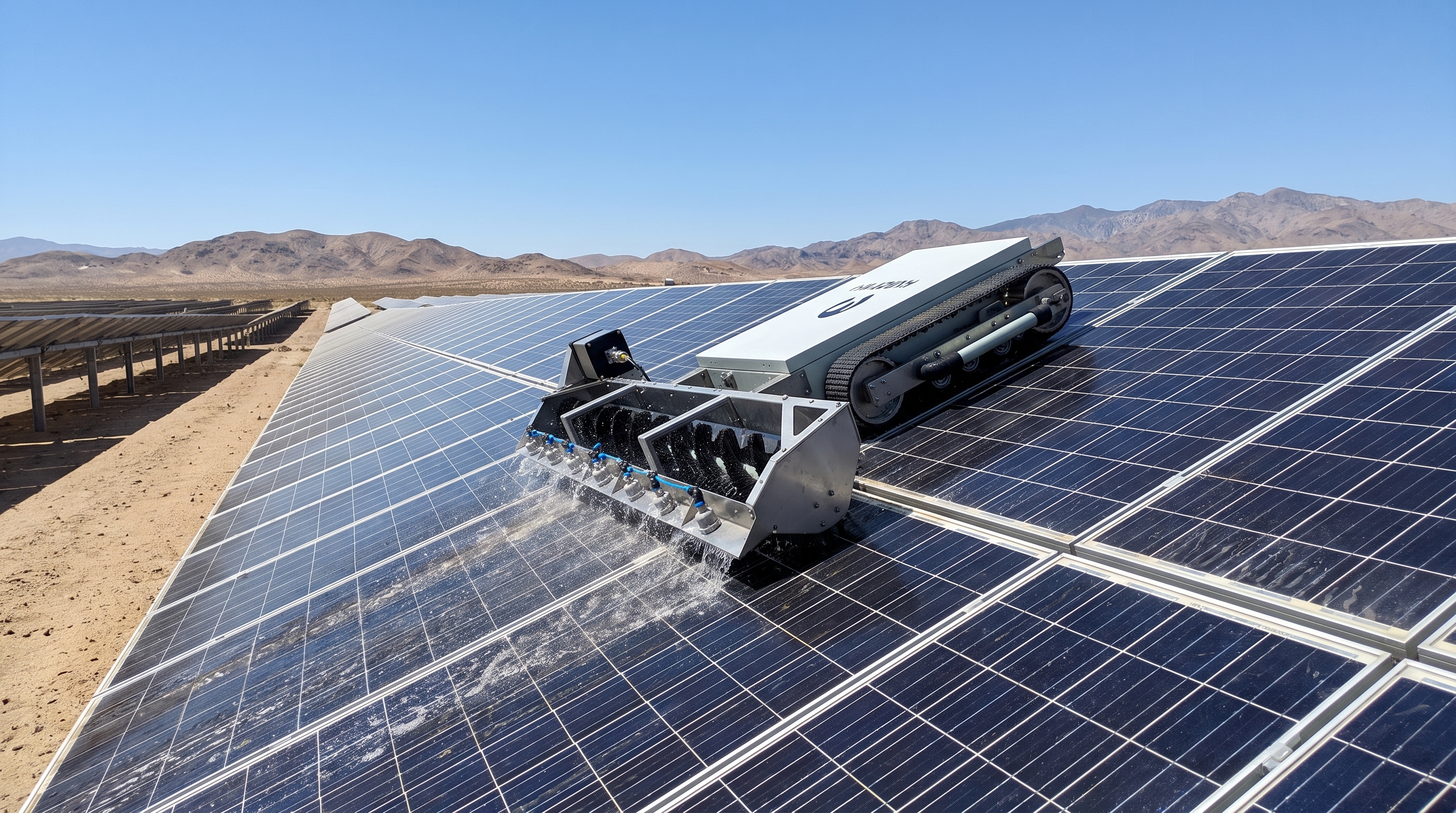 Tracked robot using water and rotating brushes to clean photovoltaic modules in a desert solar array