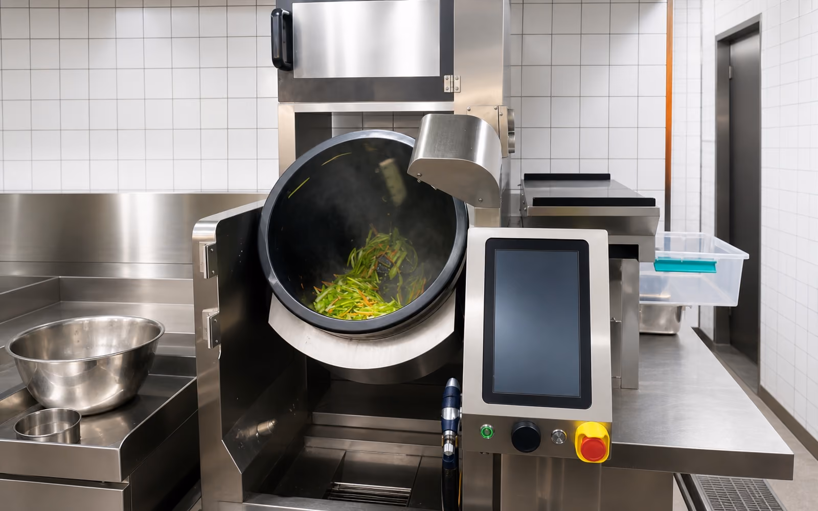 Commercial cooking robot automating a wok-based kitchen workflow.
