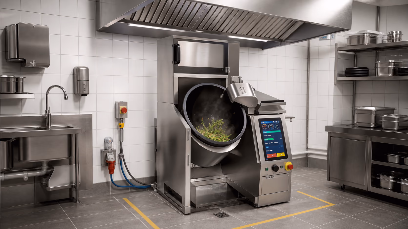Illustration of a fixed cooking station installed with ventilation, sink, drainage, utilities and clear operator access