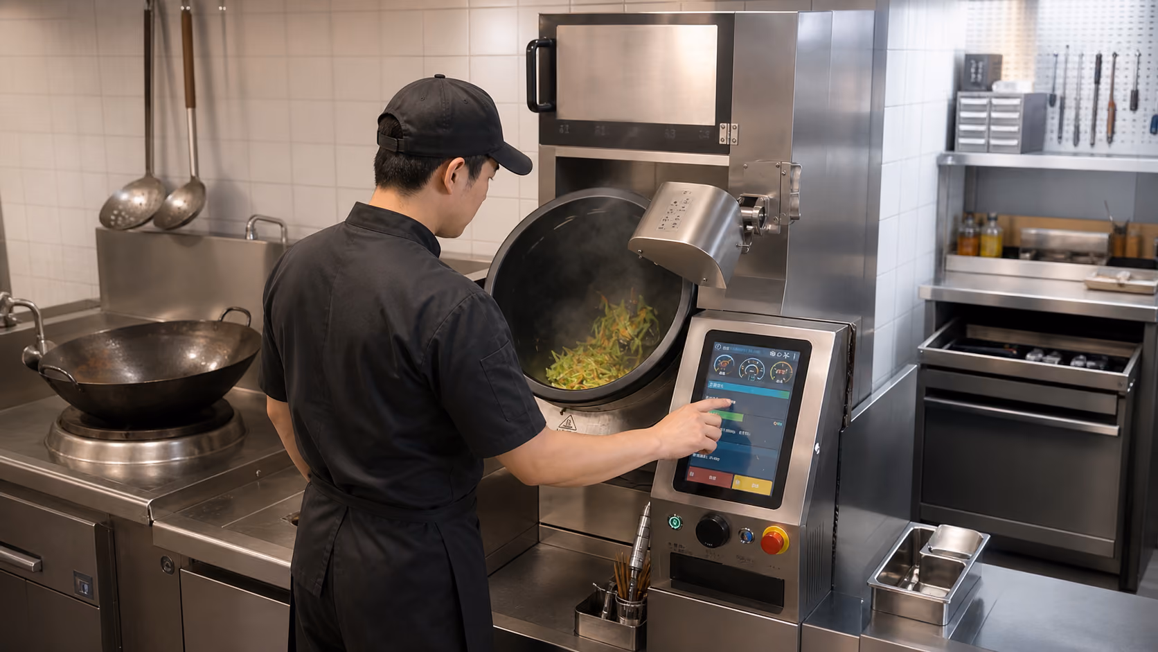 Illustration of an operator checking a cooking station beside a manual fallback wok and organized service-access area