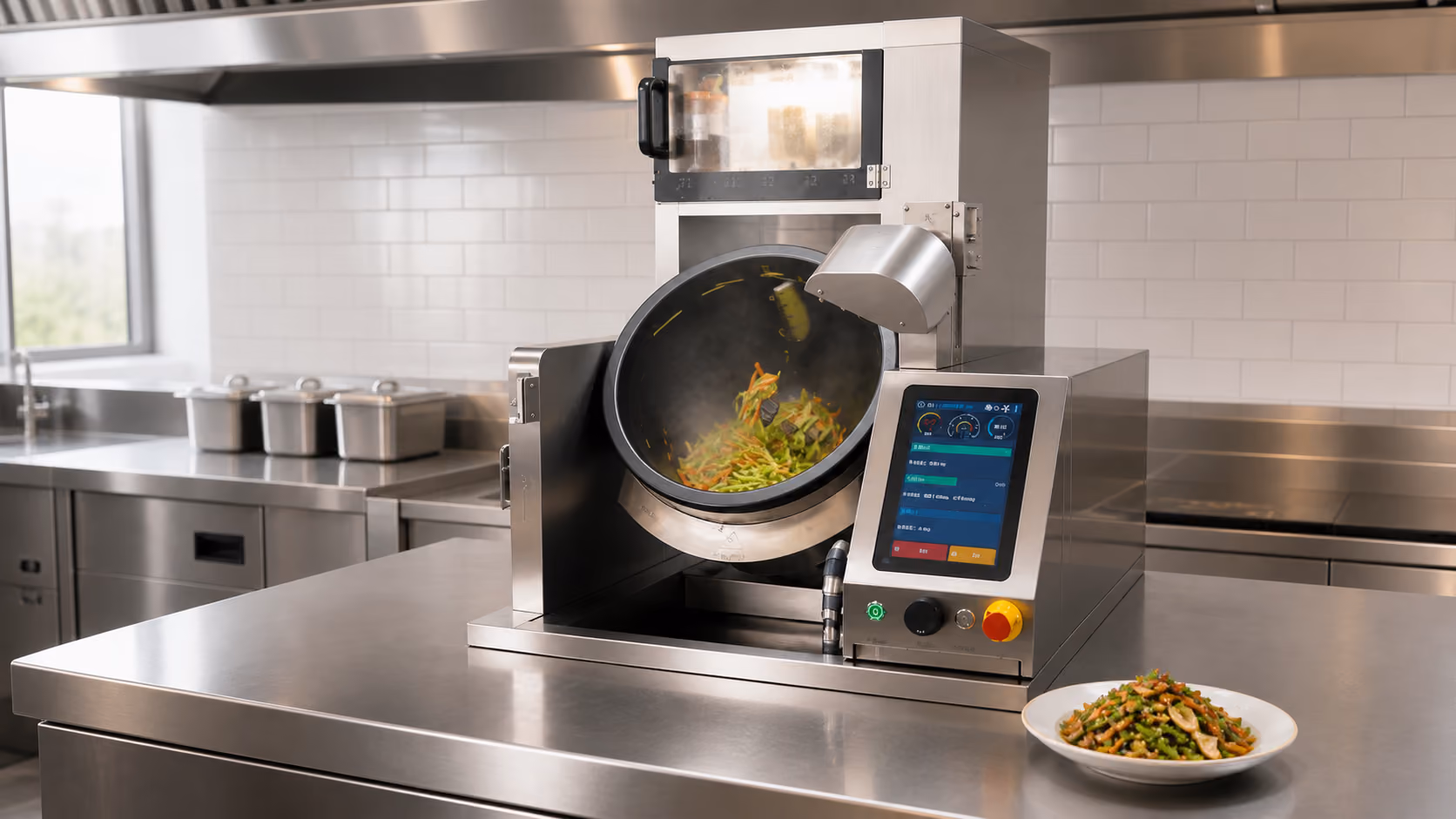 Automated cooking station preparing vegetables in a clean commercial kitchen, with a finished dish ready for quality review