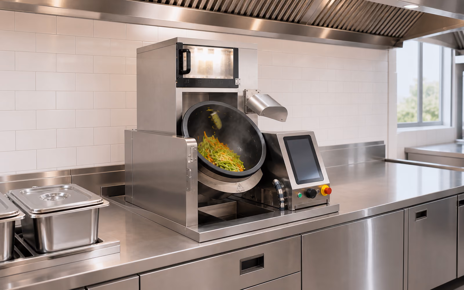 Automated wok-cooking station operating between covered ingredient pans and a clear handoff counter in a clean commercial kitchen