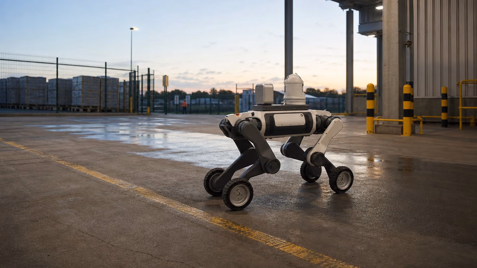Genericized wheel-legged patrol robot on a marked industrial-yard route at dawn.