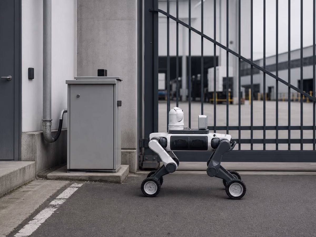 Genericized wheel-legged patrol robot observing a designated industrial gate and access point.