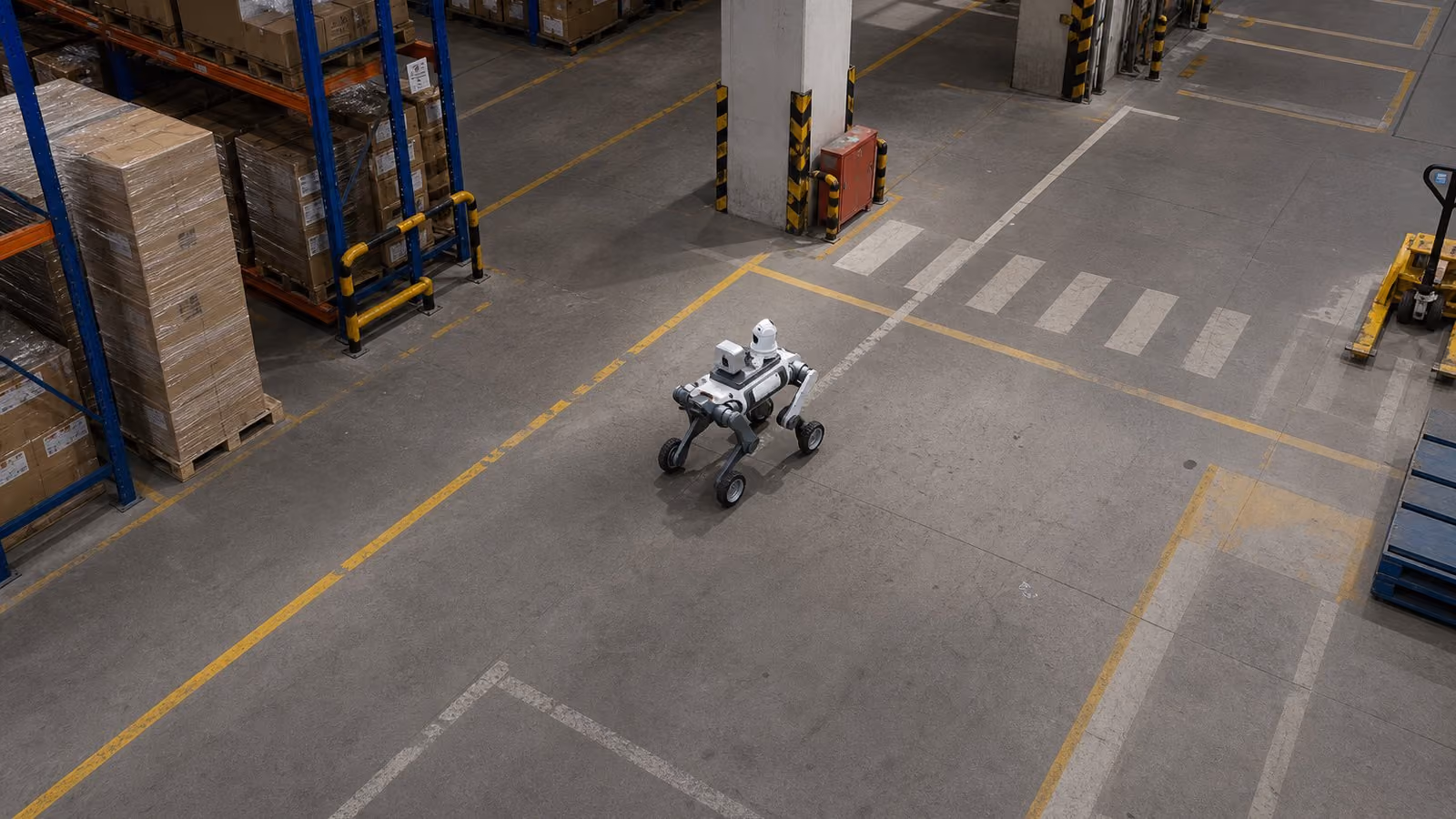 Genericized wheel-legged patrol robot following a marked route in a warehouse.