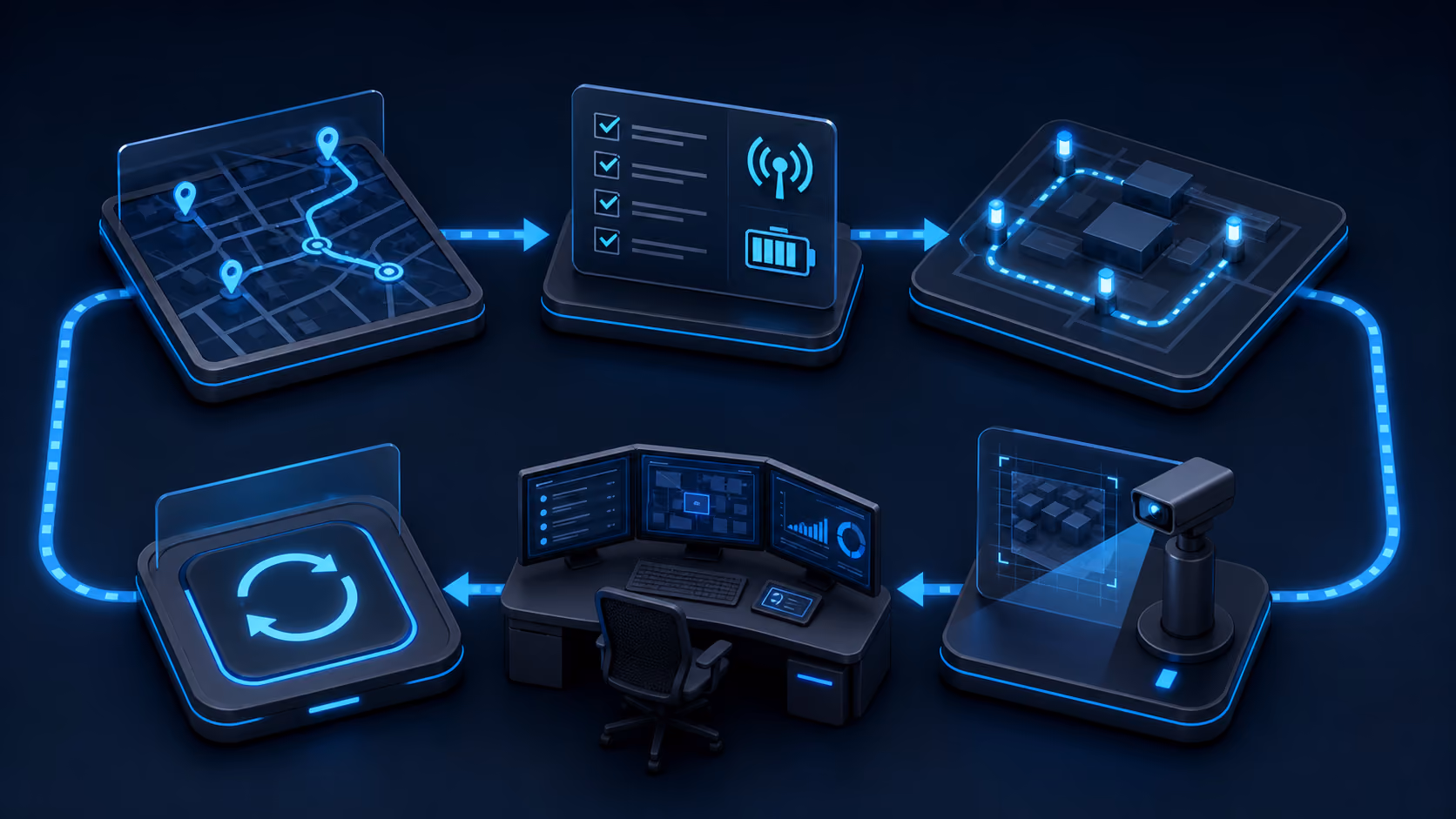 Six-stage security patrol workflow from route planning through readiness, patrol, observation, human review, and recovery.