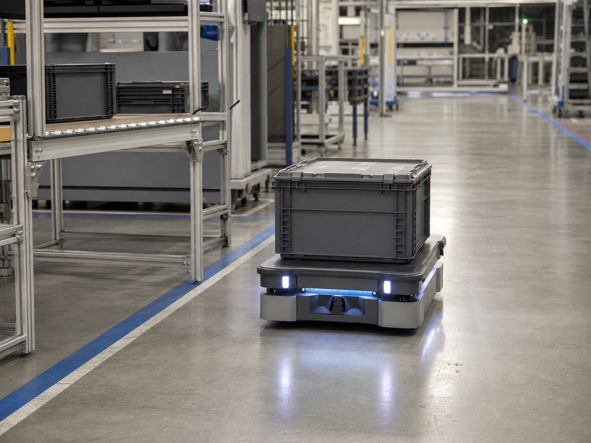 Autonomous mobile robot carrying one closed parts crate toward a line-side station.
