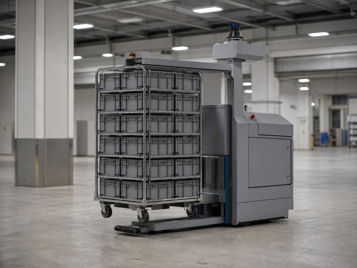 Industrial transport robot carrying a roll cage of closed parts containers.